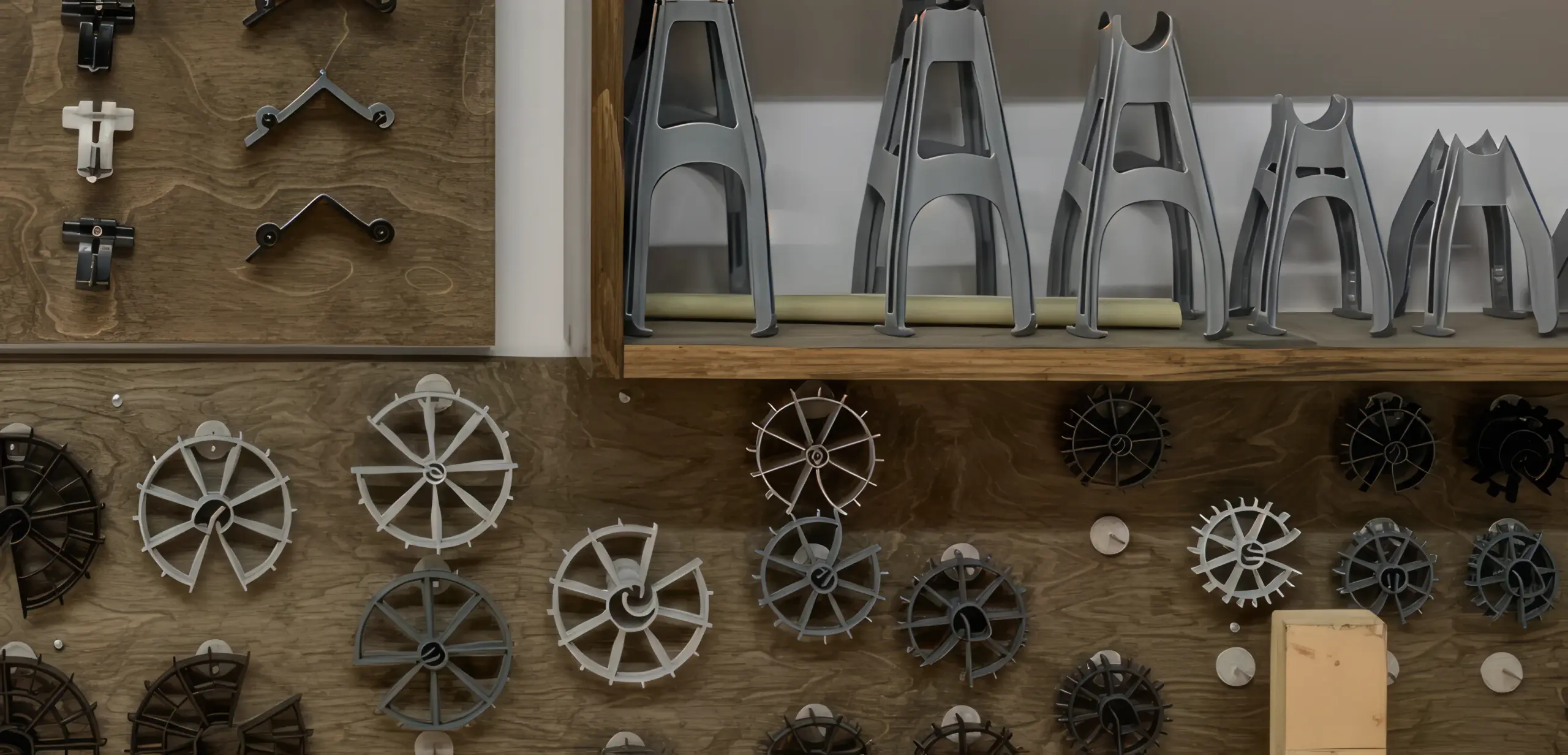 Étagère avec pièces métalliques et roues.