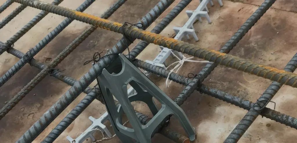 Structure métallique armée sur chantier béton.